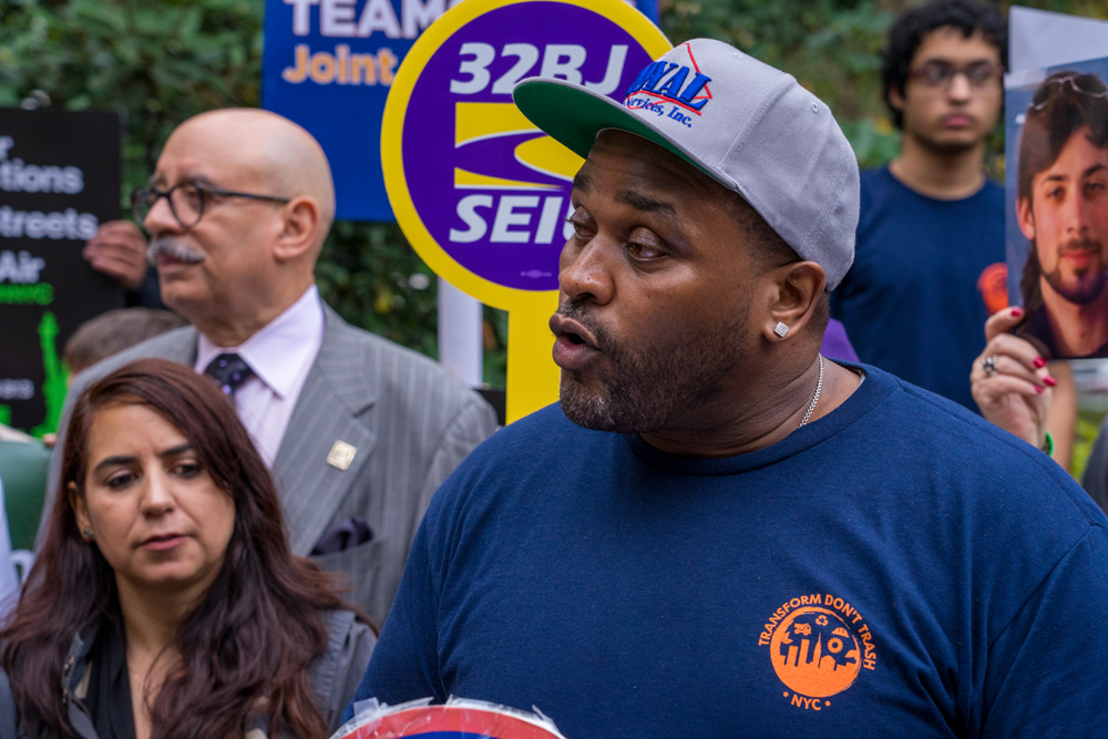 Teamster member speaks at City Hall rally for Commercial Waste Zones
